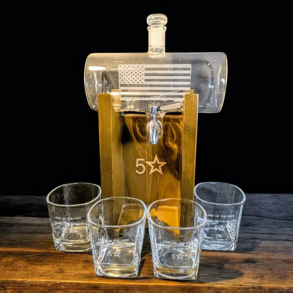 Whiskey Decanter American Flag 1150 ml + 4 Glasses Blown Glass with Wood Stand
